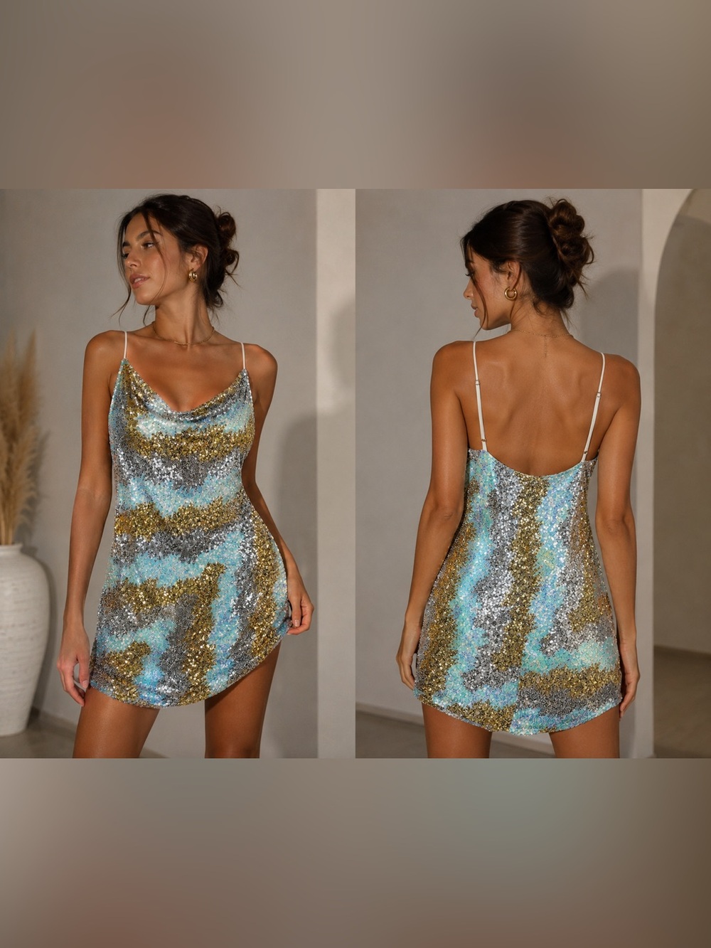 Selfie Leslie Sequin Mini Dress XS Gold Silver Blue Cowl Neck Party